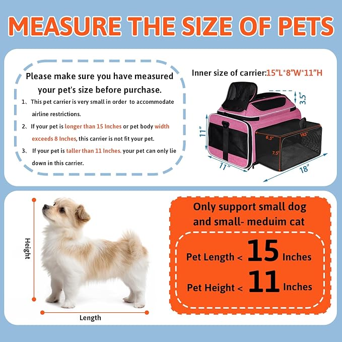 Petskd Top and Side Expandable Pet Carrier 18x11x11 Inches Delta United Airline Approved, Soft-Sided Carrier for Small Cats and Dogs with Locking Safety Zippers and Anti-Scratch Mesh(Pink)