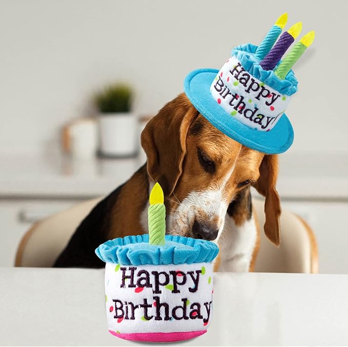 Dog Birthday Cake Toy, Happy Birthday Cake Shaped Squeaky Dog Toys for Small & Medium Dogs Funny Dogs Gifts Plush Dog Party Toys, Small, Blue