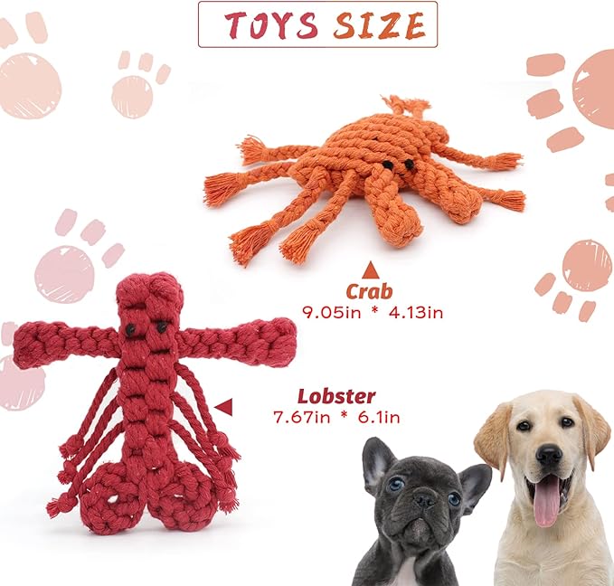 WishLotus 2Pc Dinosaur and Duck Shaped Dog Toys for Aggressive Chewers, Cotton Dog Chew Toys for Small to Large Breeds (Crab+Lobster)