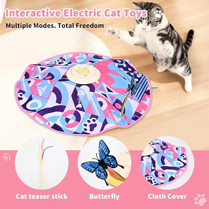 Interactive Cat Toys,Electric Moving Wand Feather, Automatic Fun Mental Stimulation for Bored Indoor Cat Toys, Exercise Kicker Play & Chase for Hide and Seek(Butterfly ASIN B0GDLYC9QC)