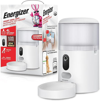 Energizer Smart Pet Feeder with 2K Video Camera, 5Ghz & 2.4Ghz Dual Band Wi-Fi, 2-Way Audio, Night Vision, 4L Food Capacity, Remote Feeding Dogs & Cats, Compatible with Alexa & Google, Records
