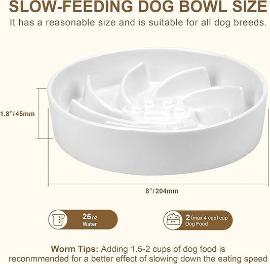 Ceramic Slow Feeder Dog Bowl, 1.5 Cup Dog Food or 20oz Water, Slow Eating Bowl for Small Breed, Maze Puzzle Feeder for Fast Eaters, Anti-Choking Stop Bloat, Non-Slip BPA Free (White)