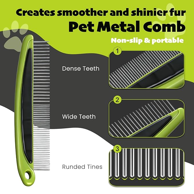 Cat & Dog Brush Set, Pet Grooming Kit with Metal Comb, Slicker Brush, Hair removal Glove for Detangling and Dematting Long, Matted Fur, Green