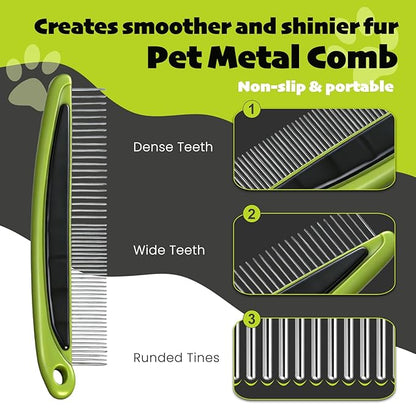 Cat & Dog Brush Set, Pet Grooming Kit with Metal Comb, Slicker Brush, Hair removal Glove for Detangling and Dematting Long, Matted Fur, Green