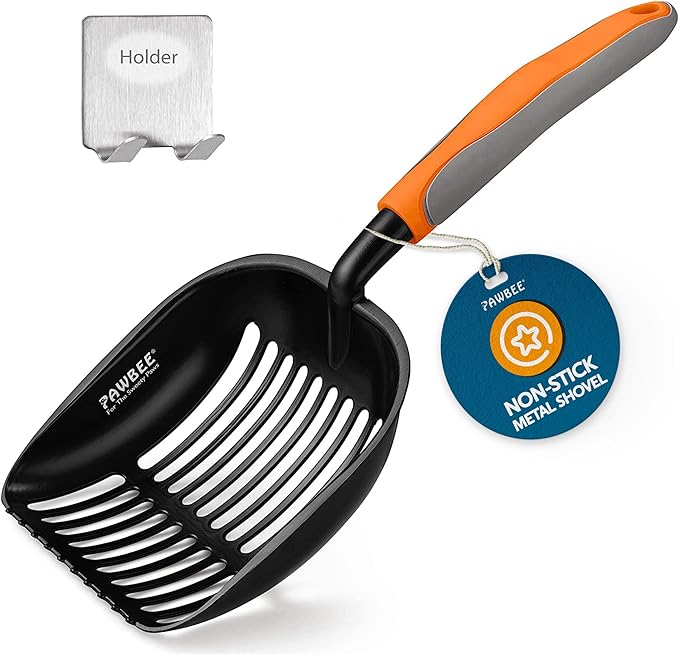 PAWBEE Premium Non-Stick Metal Cat Litter Scooper with Holder, Deep Shovel Poop Scoop, Long Non-Slip Handle