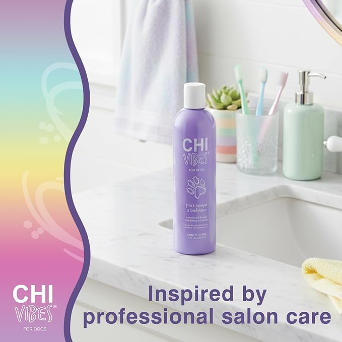 CHI Vibes for Dogs 5-in-1 Shampoo & Conditioner, Cleans + Deodorizes + Moisturizes + Detangles + Helps De-Shed, Vegan pH Balanced, Gluten & Paraben Free, Made in USA, 12 Fl Oz