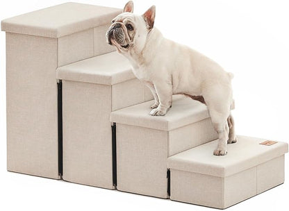 Love's cabin Dog Stairs for Small Medium or Large Dogs with Storage and Adjustable Steps, Foldable Pet Steps for Bed or Couch, 4-Step Beige Folding Cat Ramp with Zip up to 200 lbs, Beige