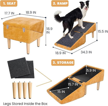 3-in-1 Dog Ramp 18.9"×17.7"×18.9" with Storage – Pet Stairs for Senior & Injured Dogs & Cats, Hidden Storage Footstool, Ottoman Anti-Slip, Supports 220 lbs for Beds & Sofas