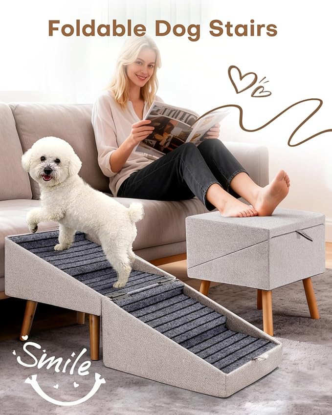 Dog Ramp for Couch and Bed,17.13" H Dog Stairs for Small Dogs and Cats, Foldable 2 in 1 Pet Steps for Medium Large Dogs and Puppy, Split Ottoman Design Pet Ramp（Apricot）