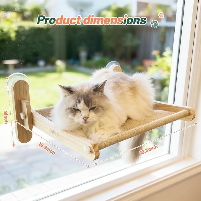 Foldable Cat Window Perch - Natural Pine Cat Sill Seat, 50LBS Heavy Duty Cordless Design, Space-Saving No-Scratch Window Hammock for Indoor Cats