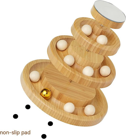Wooden Cat Ball Track Toy 3-Layer Cat Ball Tower Toy with Suction Cup Cat Teaser Wand Set,Bamboo Cat Toys for Indoor Spinning Bell Balls Kitten Exercise Mental Physical,3pcs Replacement Feathers