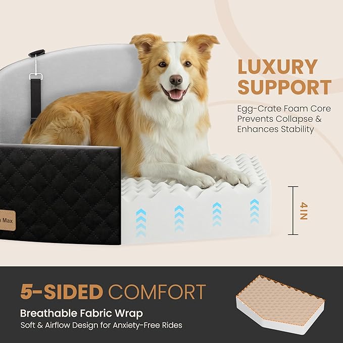 Dog Car Seat for Medium/Large Dogs, Memory Foam Dog Booster Seat with Thick Cushion up to 55 lbs or 2 Small Dogs, Travel Pet Car Seat with Detachable Washable Cover, 2 Safety Leashes (Black/Grey)