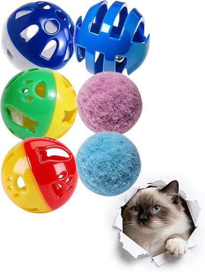 6 Piece Cat Toys Balls for Indoor Kitten, PP Bell Balls and Soft Plush Balls for Kitten Play (1.5'')