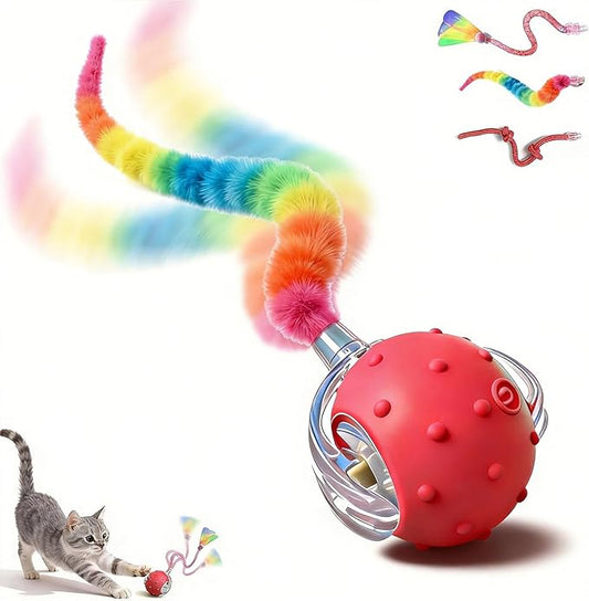 Interactive Cat Toys for Indoor Cats with 3 Interchangeable Tails - Automatic Moving & Chirping Ball, Self Play Toy for Playful Kittens & Bored Cats Home Alone, Easter Basket Essentials (Red)