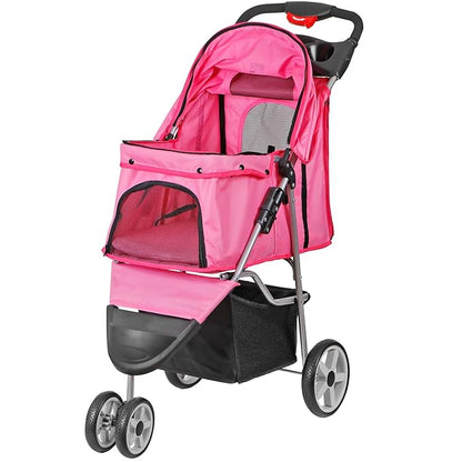 ZENY Foldable Pet Stroller, Cat/Dog Stroller with 3 Wheel, Pet Strolling Cart, Dog Travel Carrier with Storage Basket + Cup Holder (Pink)