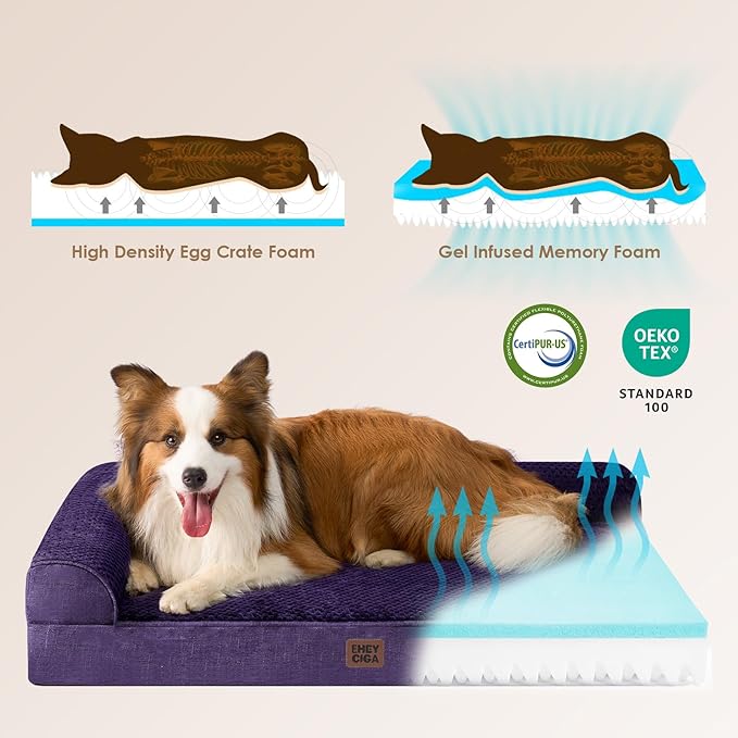 EHEYCIGA Memory Foam Dog Bed Large Size Dogs, Orthopedic Dog Bed Large with Washable Removable Cover, Waterproof Pet Sofa Couch with Nonskid Bottom, 36x27x6, Purple