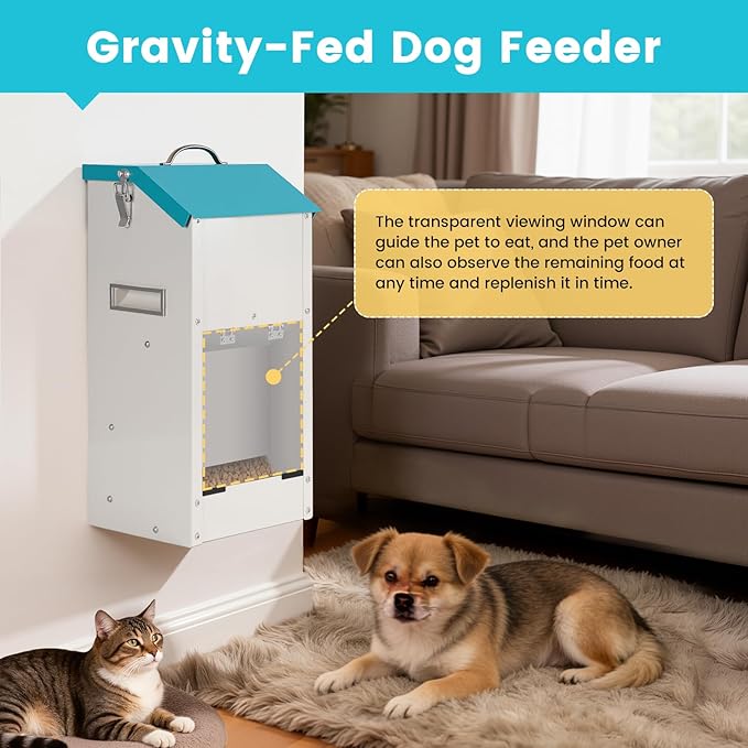 Automatic Dog Feeder Large Breed Outdoor & Indoor Galvanized Dog Food Dispenser 15lbs Wall Mountable Gravity Pet Food Station Auto Feeder Self Feeding with Clear Door for Puppy, Dog, Cat