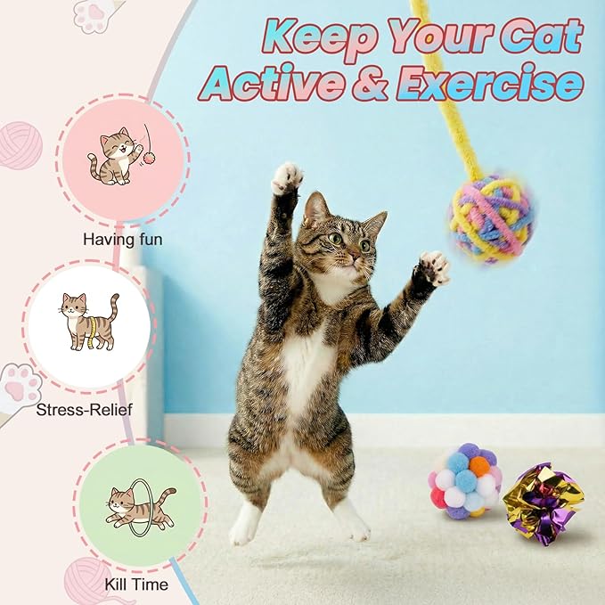 9 Pack Cat Toy Balls for Indoor Cats, Pom Pom Fuzzy Balls with Bells, Wool Yarn Toy with String, Mylar Crinkle Balls Interactive Kitten Toys for Indoor Cats Chase and Play Keep Busy Stress Relief