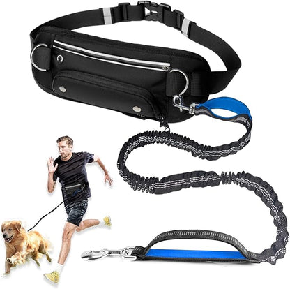 Hands Free Dog Leash with Pouch,Adjustable Waist Dog Running Leash for Large Medium Dogs,Dual Padded Handles and Retractable Bungee for Walking Jogging Training Hiking