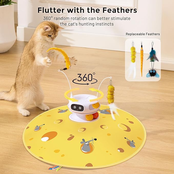 Interactive Cat Toys for Indoor Cats, 5 in 1 Hide and Seek Cat Toys with Automatic Laser and Motion Activated, Fluttering Feather & Dual Track Balls with Chirping for All Breeds, Rechargeable