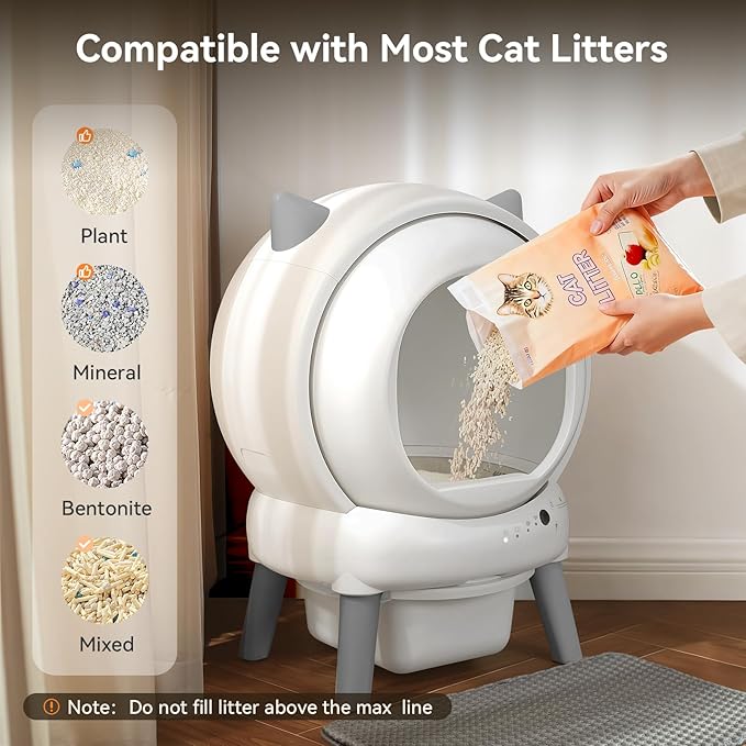 Automatic Cat Litter Box - E2 Self Cleaning Litter Box Smart Robot for Multiple Cats, APP Real-Time Monitor, Weight Monitoring, Safe Anti-Pinch Liners and Mat Included（White）