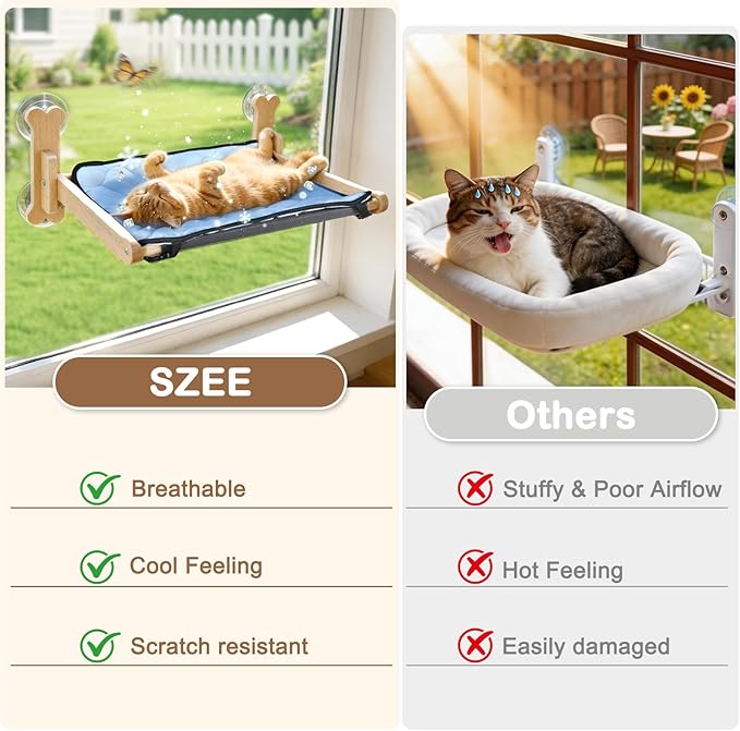 SZEE Cat Window Perch with Breathable Mesh for Airflow, Foldable Cat Window Hammock Bed with Wooden Frame, Equipped with Dual-Sided Mat for All-Season Use, Strong Suction Cups & Solid Thicken Frame
