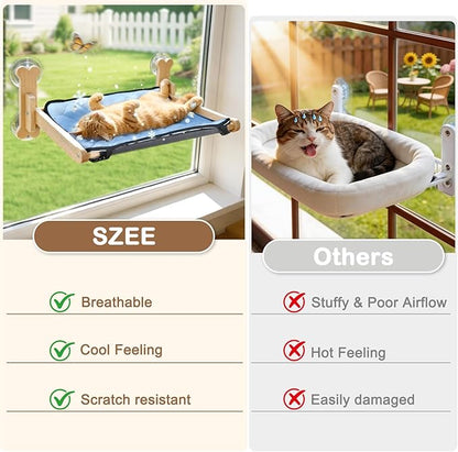 SZEE Cat Window Perch with Breathable Mesh for Airflow, Foldable Cat Window Hammock Bed with Wooden Frame, Equipped with Dual-Sided Mat for All-Season Use, Strong Suction Cups & Solid Thicken Frame