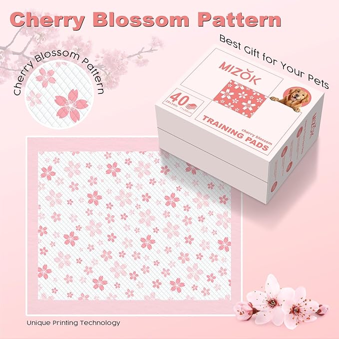 MIZOK Dog Pee Pads Extra Large 28"x34", Potty Pads for Big Dog Breeds, Super Absorbent & Leak-Proof, Pink Cherry Blossom Prints, Thick & Heavy, 4 Adhesive Tabs, XL (40 Counts)