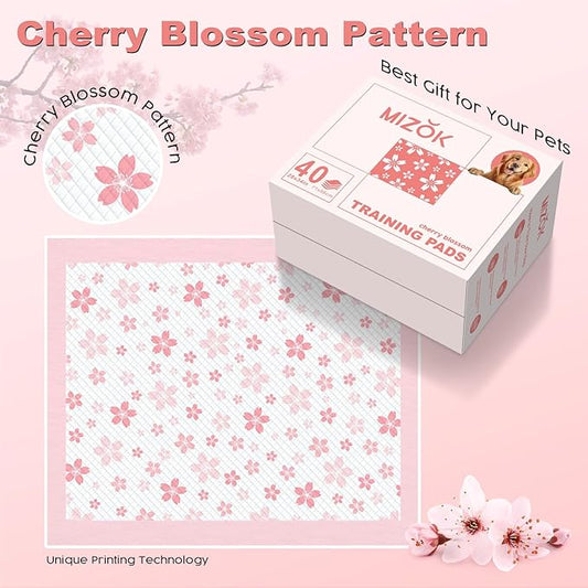 MIZOK Dog Pee Pads Extra Large 28"x34", Potty Pads for Big Dog Breeds, Super Absorbent & Leak-Proof, Pink Cherry Blossom Prints, Thick & Heavy, 4 Adhesive Tabs, XL (40 Counts)