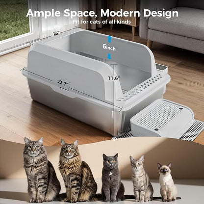 GTPLAYER Stainless Steel Cat Litter Box XL - Extra Large High-Sided Open-Top Metal Litter Box for Large & Multi-Cat Homes, Splash Guard, Low Entry, Easy Clean 304 Steel with Step, Mat & Scoop, White