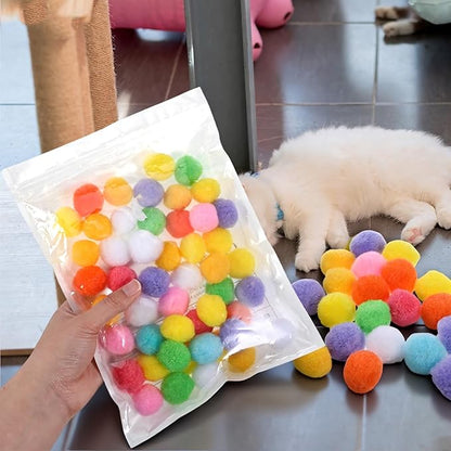50 PCS Cat Pom Pom Balls, Pompoms for Cats, Interactive Lightweight Fuzzy Toy Balls Plush for Indoor Cats, Assorted Colors for Kitten Playing Exercising, 0.9inch