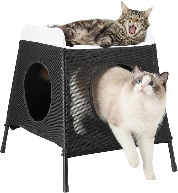 Elevated Cat Bed with Cat Hammock, 2-Story Indoor Cat House with Cave & Washable Cover, Multi-Cat Furniture