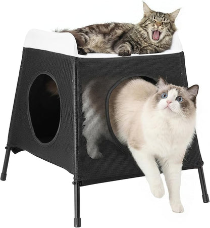 Elevated Cat Bed with Cat Hammock, 2-Story Indoor Cat House with Cave & Washable Cover, Multi-Cat Furniture