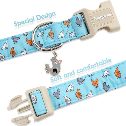 Faygarsle Funny Chicken Pattern Dog Collar, Cotton Fabric, Light Blue with Farm Animal Print for Small Medium Large Dogs S