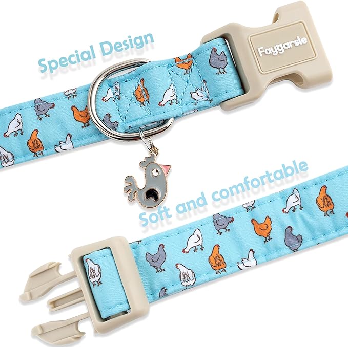 Faygarsle Funny Chicken Pattern Dog Collar, Cotton Fabric, Light Blue with Farm Animal Print for Small Medium Large Dogs L