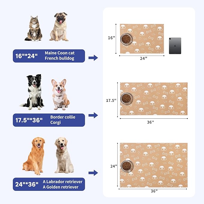 Cooyes Large Dog & Cat Food Mat 24"×36", Ultra-Absorbent Dog Bowl Mat for Food and Water, Pet Feeding Mat with Non-Slip Rubber Back, Pet Placemats with Water-Locking Bottom That Protects Floors