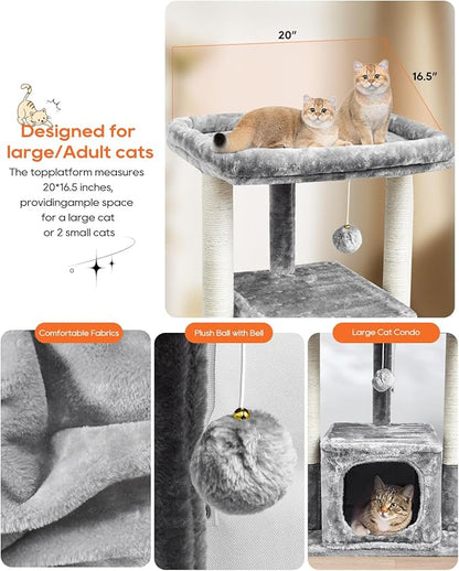 SYANDLVY 27IN Cat Tree for Indoor Cats Large Adult, Modern Activity Tower with Scratching Posts, Condo with Plush Perch, Climbing Stand with Spring Ball for Play, Grey