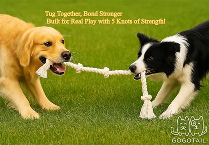 35" Dog Tug Toy – 5-Knot Durable Cotton Rope for Medium & Large Dogs (22–88 lbs), Washable Chew & Tug Toy for Interactive Play, Dental Cleaning, Indoor & Outdoor Use, White