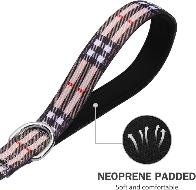 Hikiko 4 Foot Cute Girl Double Handle Dog Leash Padded Traffic Handles for Walking Training (Beige Plaid, 4ft)