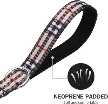 Hikiko 4 Foot Cute Girl Double Handle Dog Leash Padded Traffic Handles for Walking Training (Beige Plaid, 4ft)