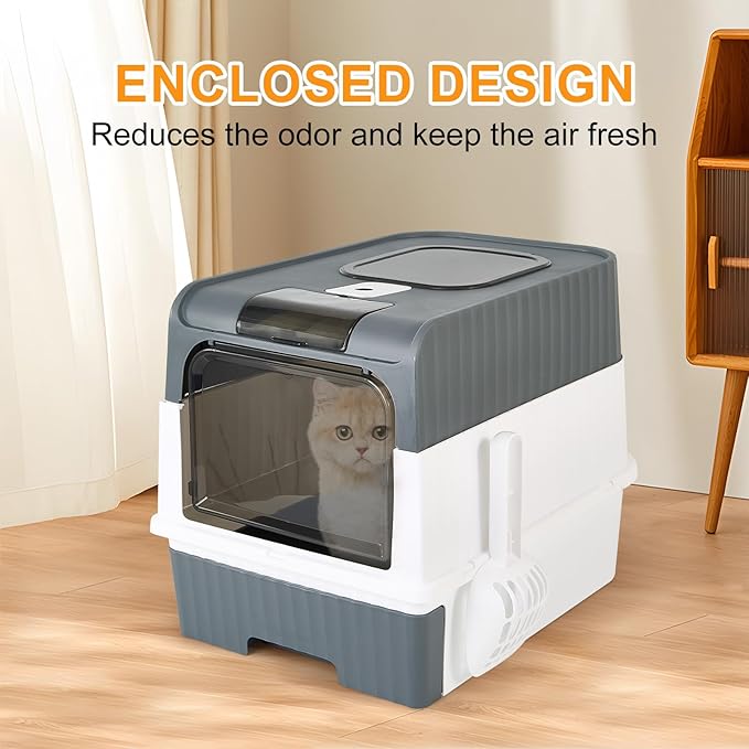 Cat Litter Box with Litter Mat, 18"x14"x13" Large Litter Box for Big Cats, Enclosed Removable Litter Boxs, Front Entry Top Exit Kitty Box, Odor Control, Easy to Clean (Grey)
