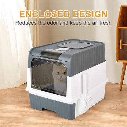 Cat Litter Box with Litter Mat, 18"x14"x13" Large Litter Box for Big Cats, Enclosed Removable Litter Boxs, Front Entry Top Exit Kitty Box, Odor Control, Easy to Clean (Grey)