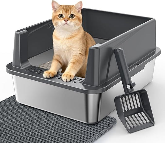 Stainless Steel Cat Litter Box with Lid, High-Sided Metal Litter Pan for Small Cats, Kitty Litter Box, Non-Stick & Odor-Resistant, Anti-Urine Leakage, Easy to Clean, Scoop Included