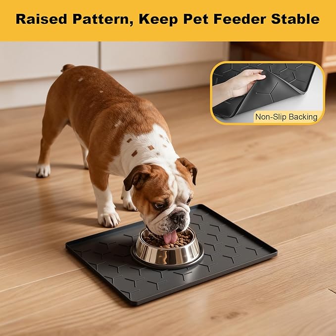Pieviev 16''x12'' Dog Cat Food Bowl Mat, Silicone Waterproof Food Grade Pet Food Mat for Floor, High Raised Edge to Prevent Spills, Non-Slip & Easy Clean Pet Placemat for Dog & Cat Bowls, Black