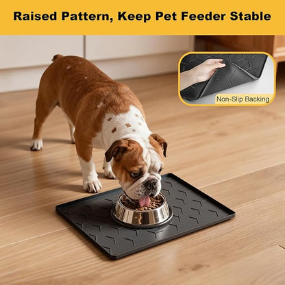Pieviev 16''x12'' Dog Cat Food Bowl Mat, Silicone Waterproof Food Grade Pet Food Mat for Floor, High Raised Edge to Prevent Spills, Non-Slip & Easy Clean Pet Placemat for Dog & Cat Bowls, Black