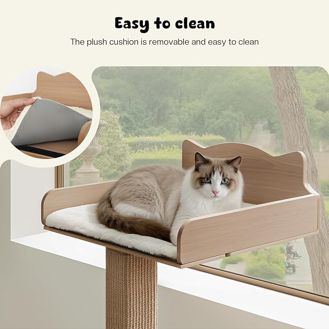 Cat Window Perch with Thick Sisal Scratching Post, Cats Hammock for Window with 3 Upgrade Suction Cups, 55" Adjustable Tall Cat Scratching Post with Large Perch, Cats Window Bed with Fluffy Cushion