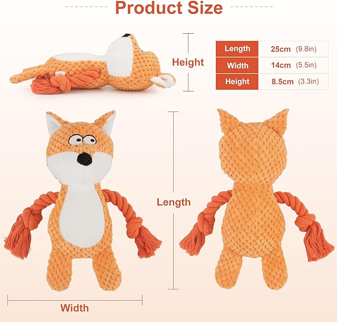 Dog Toys, Dog Squeaker Toys with Crinkle Paper, Stuffed Animal Dog Plush Chewing Toy, Cotton Rope Interactive Toys for Puppy, Small, Middle Dogs (Orange Fox)