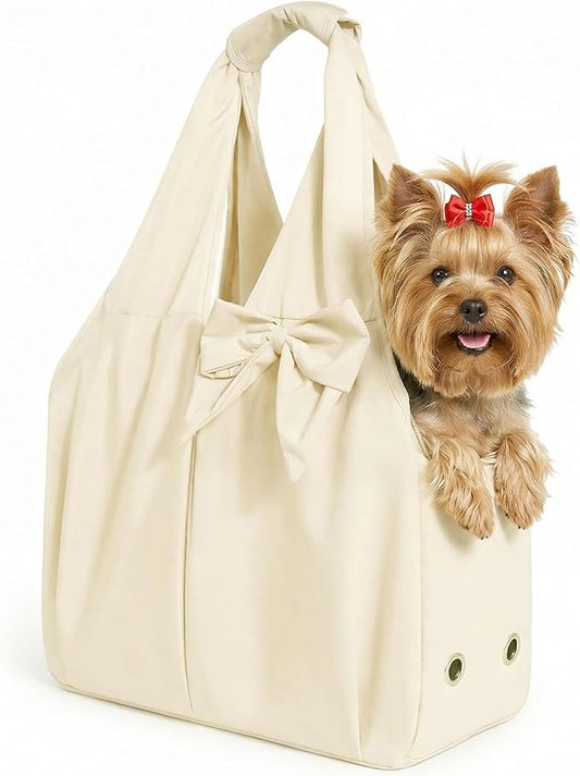 Dog Purse Carrier for Small Dogs, Soft Dog Tote Bag Carrier with 4 Large Pockets, No Collapse, Lightweight, Smart Zipper Lock, Comfortable Puppy Cats Rabbit Carrier for Travel,Outdoor(Beige)