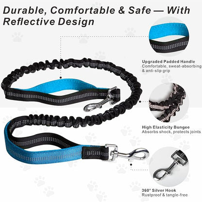 Hands-Free Dog Leash for Dogs up to 130 lbs – Heavy-Duty, Shock-Absorbing Bungee Leash with Zipper Pouch, Dual Padded Handles & Adjustable Waist Belt for Running & Walking – Sky Blue