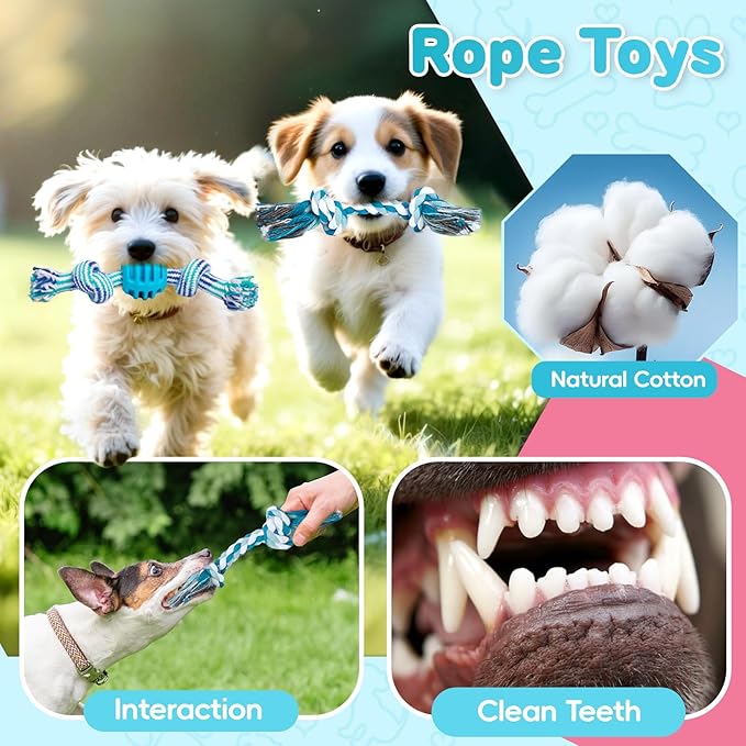 8 Pack Luxury Puppy Toys for Teething Small Dogs, Puppy Chew Toys with Squeaky Dog Toys, Balls and Rope Dog Chew Toys, Dog Toys to Keep Them Busy (Blue, 8-Pack)